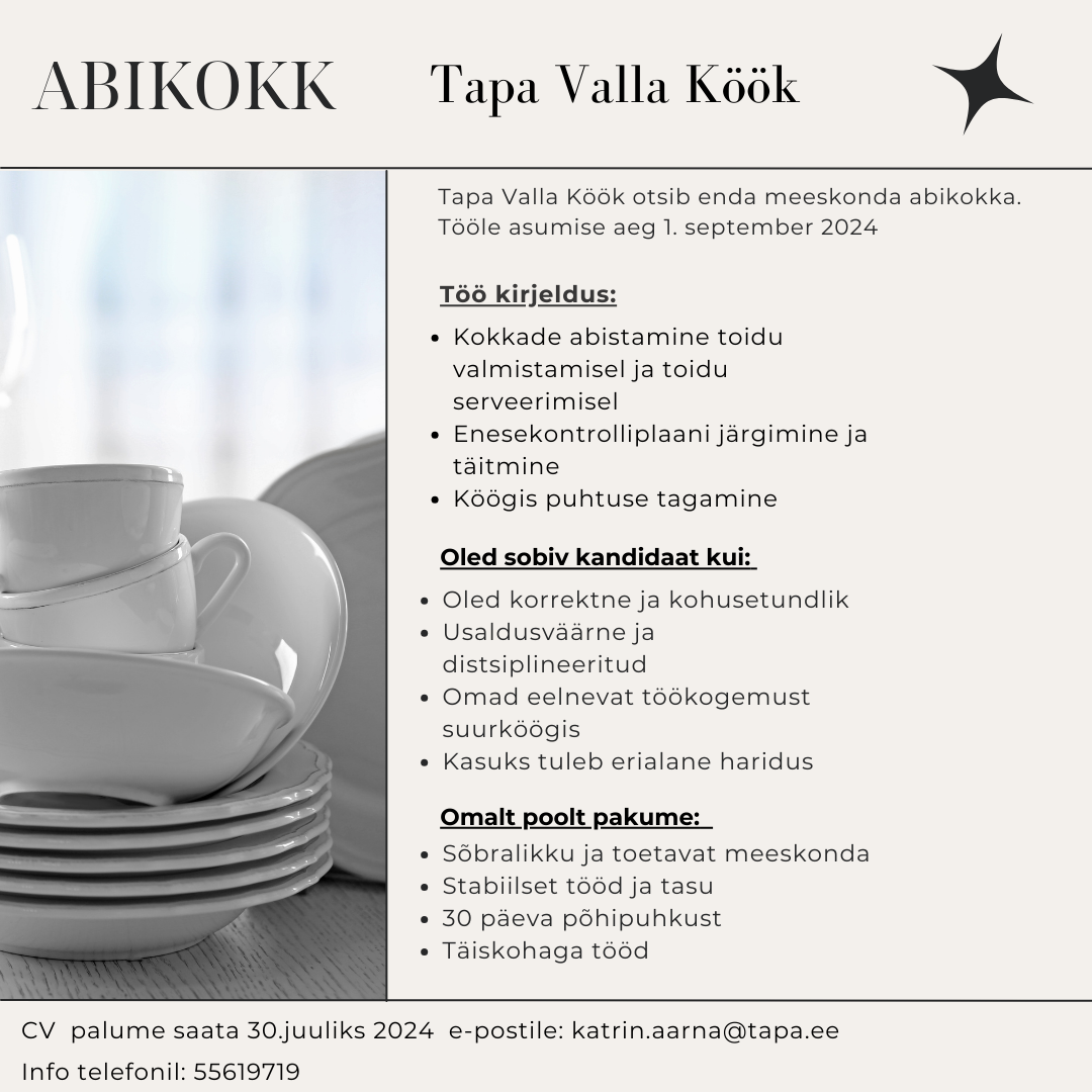 Tapa Valla Köök töökuulutus - abikokk