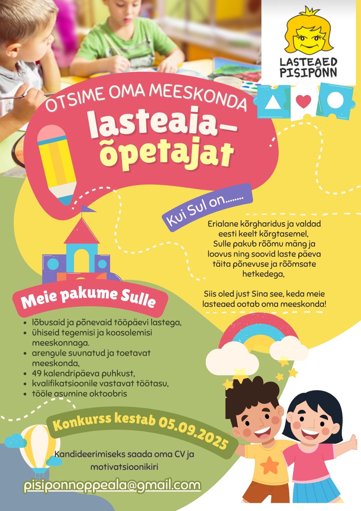 Lasteaed Pisipõnn otsib oma meeskonda erialase kõrgharidusega lasteaiaõpetajat