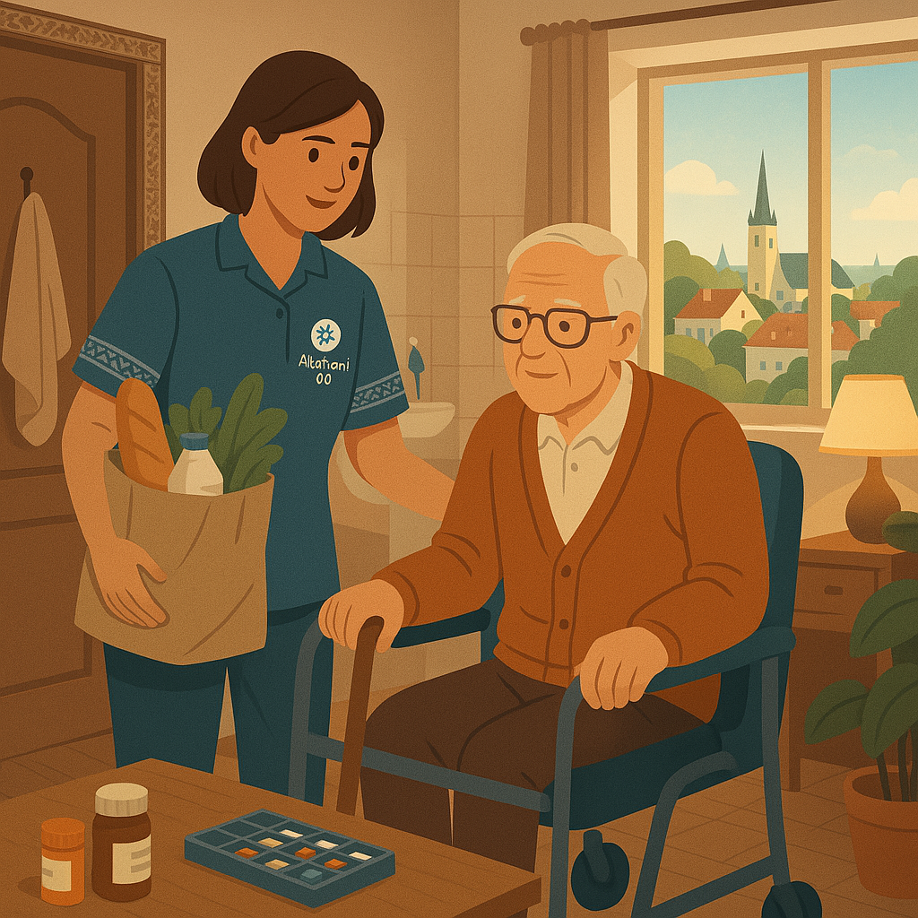 Tehisintellekti abil genereeritud illustratsioon, mis kujutab eakate ja puuetega inimeste hoolekandeteenuseid koduses keskkonnas Eestis.